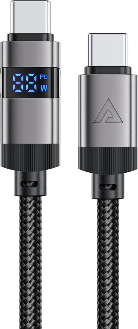 Kabllo Acefast C15-04 USB-C në USB-C me ekran LED, 1.2m, 60W, e zezë
