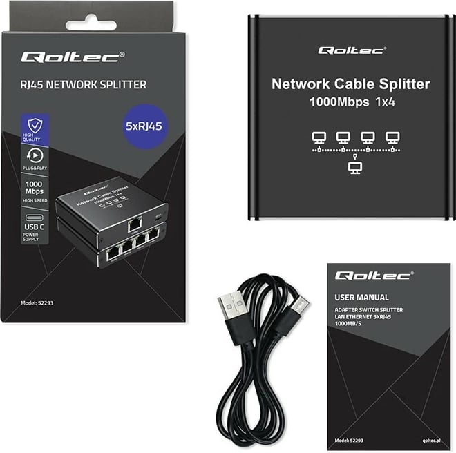 Switch rrjeti Qoltec 52293, 5 porta RJ45, 1000Mb/s, alumini, USB-C