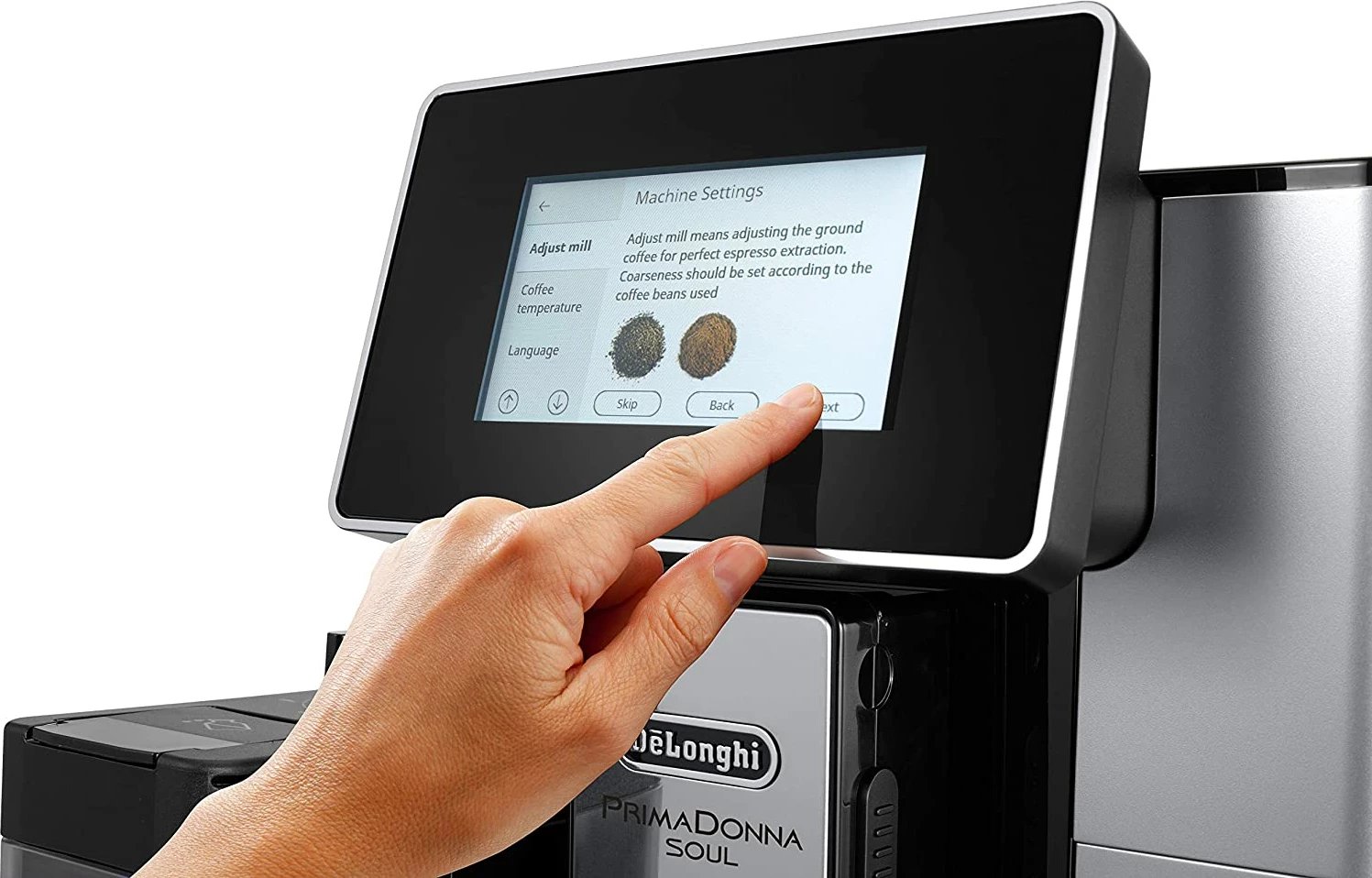 Makineri kafeje automatike, DeLonghi PrimaDonna Soul ECAM610.55.SB, 19 bar, rezervuar uji 2.2 L, kontejner kokrrash 500 g, ekran TFT me prekje, argjendtë