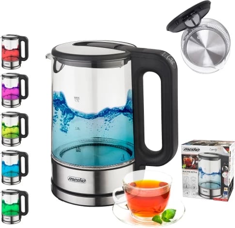 Vlojëse uji elektrike, Mesko, MS 1302, 1.7 L, xhami, 2200 W, e zezë