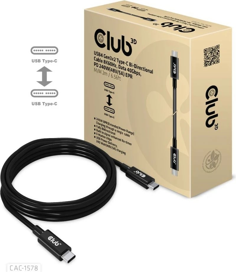Kabllo USB Type-C Club3D 2m, PD 240W, 40Gbps, e zezë