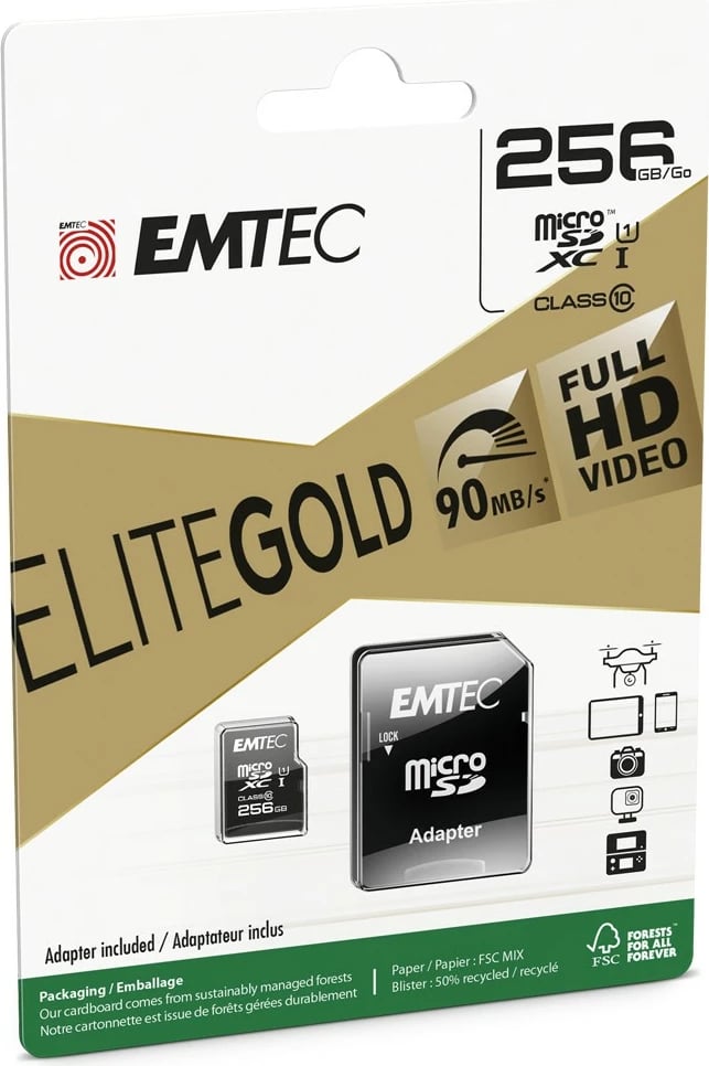 MicroSDXC EMTEC EliteGold 256GB, Class 10, UHS-I, SD adapter, e zezë