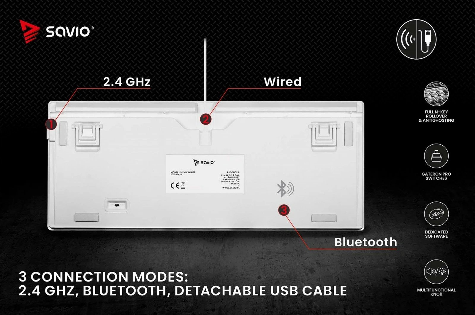 Tastierë mekanike wireless Savio PHENIX WHITE GAT RED, 82 tasta, RGB, e bardhë
