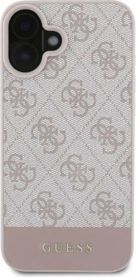 Mbështjellës Guess 4G Bottom Stripe për iPhone 16 6.1", hardcase TPU/PC/eko-lëkurë, rozë
