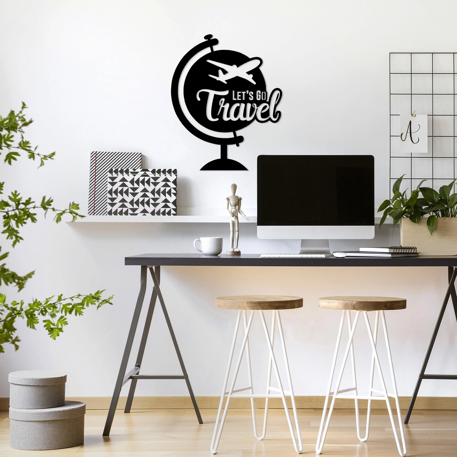 Aksesor dekorativ metalik për mur, Wallity, Let’s Go Travel - 492, ngjyrë e zezë, 57x70cm