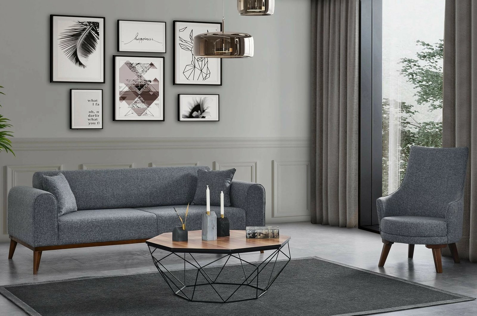 Karrige Wing Atelier del Sofa, Cofi, gri e çelët