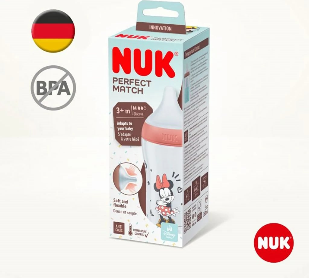 Biberon, NUK, Perfect Match MICKEY, Temperature Control, 260 ml, madhësia M (3m+), gri