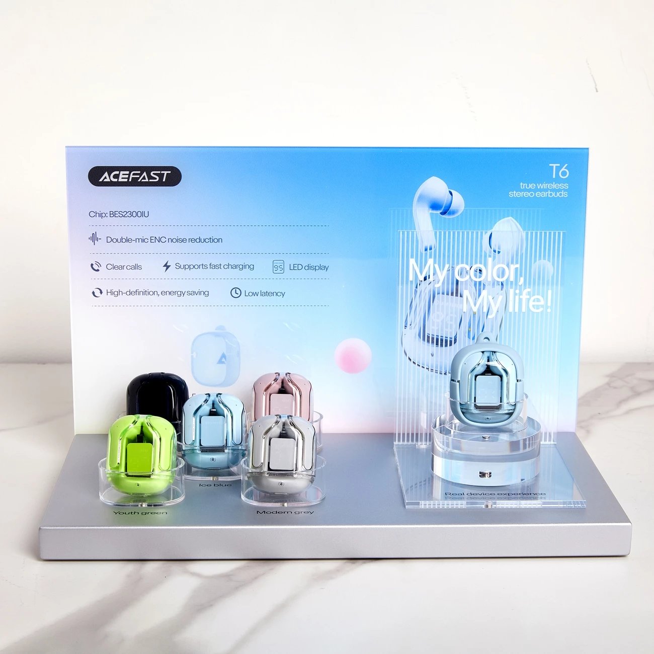 Kufje Acefast T6 TWS wireless, Bluetooth, me ekran LED, Light Blue