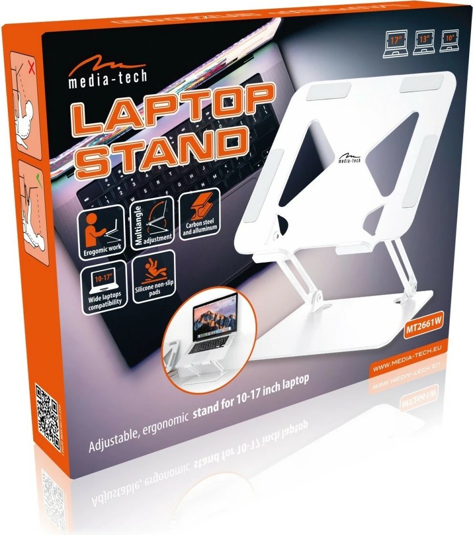 Stendë laptopi, Media-Tech MT2661W, rregullim shumë-këndor 10–17 inç, ngritje deri 17 cm, alumini/çelik, e bardhë