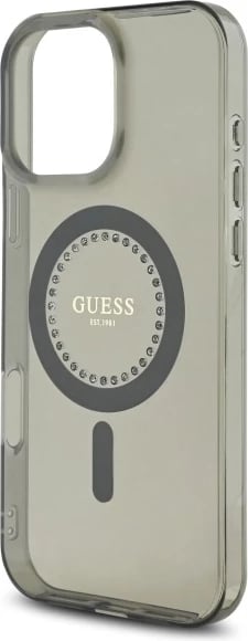 Mbështjellës Guess IML Rhinestones MagSafe për iPhone 16 Pro Max, Zi