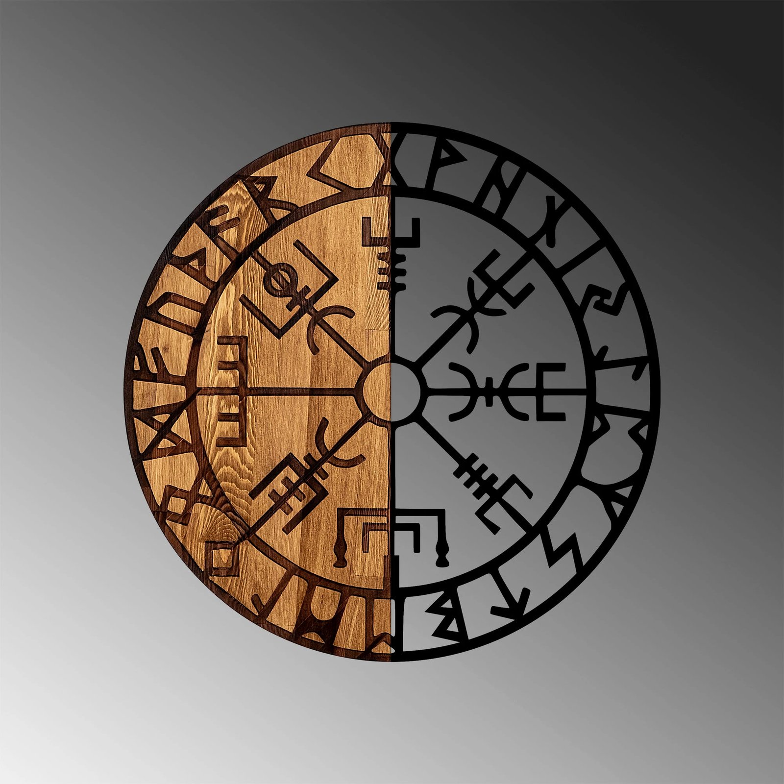 Aksesor dekorativ prej druri për mur, Wallity Vegvisir - 331, ngjyrë e zezë dhe arre, 56cm