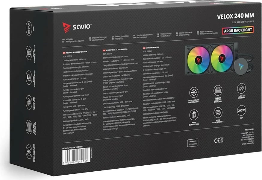 Kasë ftohëse me ujë Savio VELOX 240mm, ARGB, për CPU, e zezë