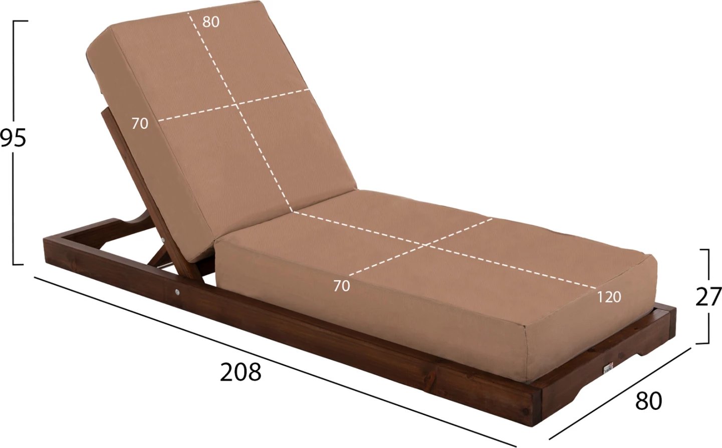 Shezlong plazhi i ulët IKARIA FH10622.04, dru pishe, ngjyrë arre, tekstilene mocha, jastëk 20cm i trashë