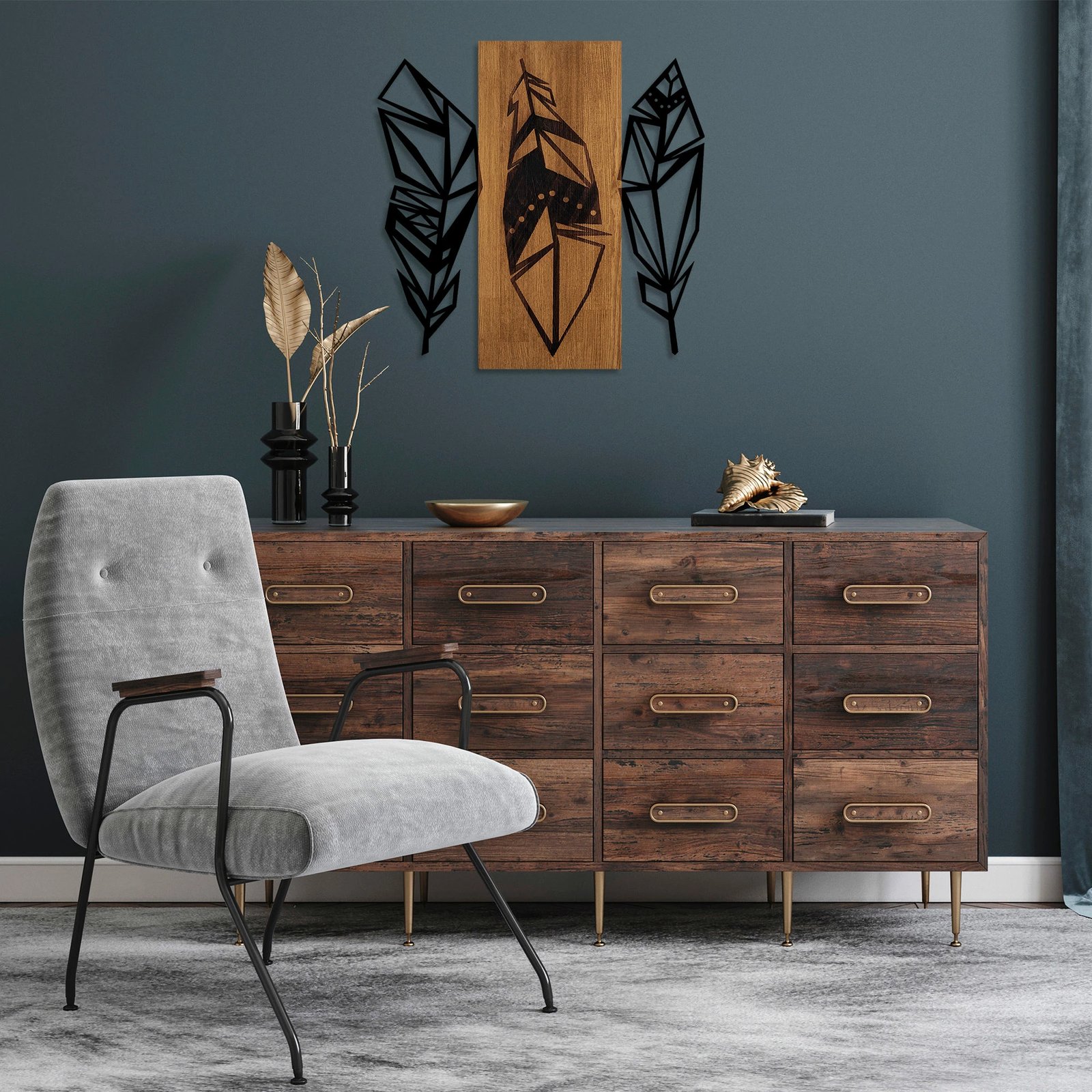 Aksesor dekorativ muri prej druri, Wallity, Leaves 2, ngjyrë arre dhe e zezë, 58x59cm