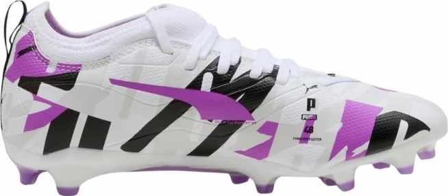 Çizme futbolli Puma për fëmijë, të bardha dhe vjollcë