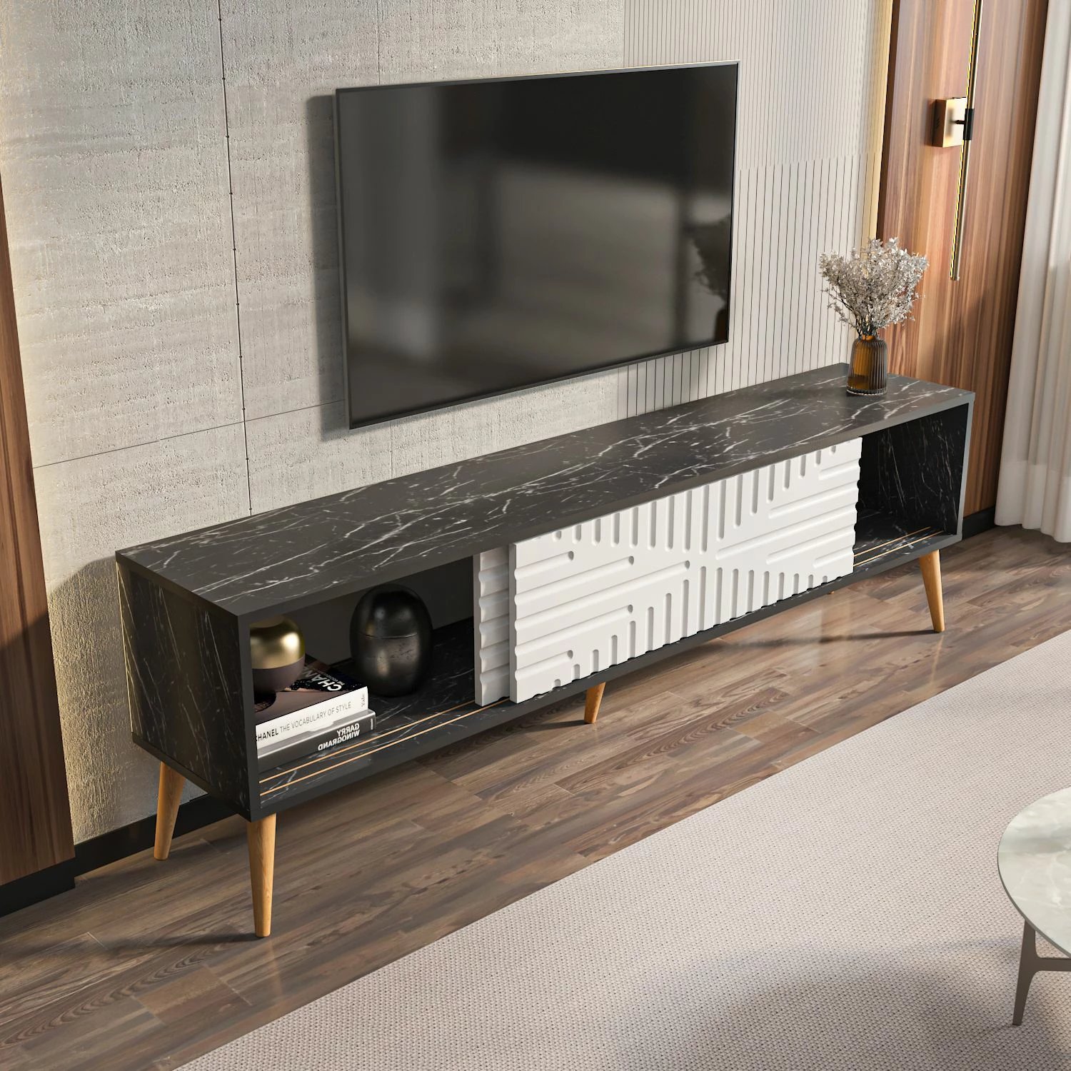 Komodë TV Skye Decor, ngjyrë e zezë dhe e bardhë