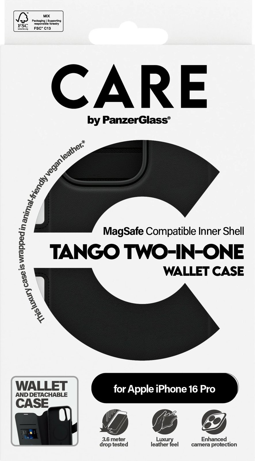 Mbështjellës PanzerGlass CARE Case Feature Tango 2-in-1 Wallet për iPhone 16 Pro, i zi