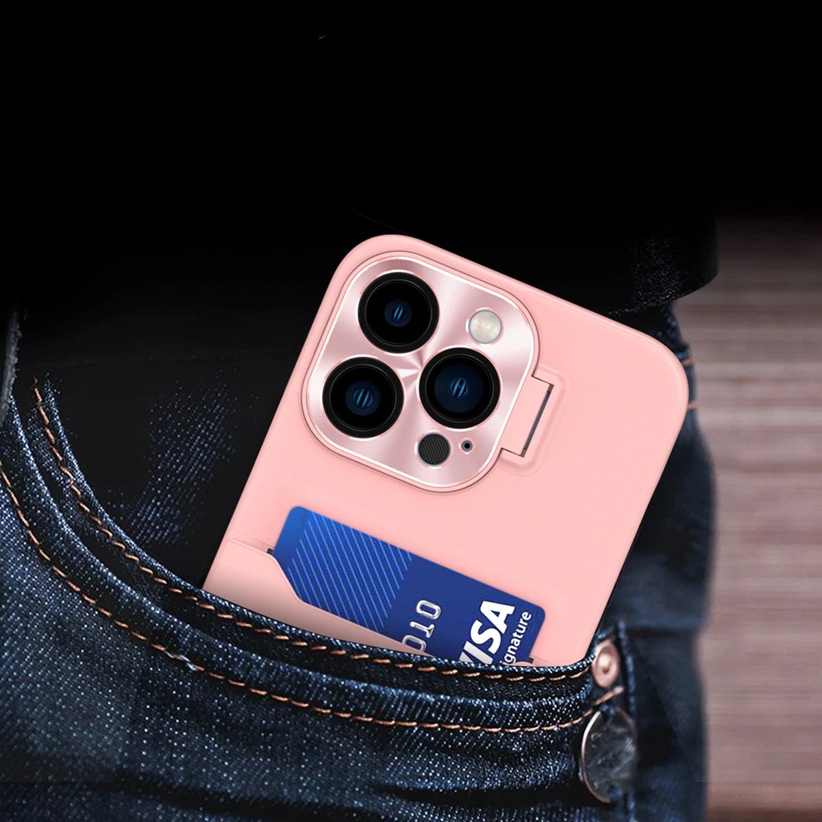Mbështjellës Hurtel Leather Stand Case për iPhone 14, me xhep për kartela dhe mbajtëse, Rozë