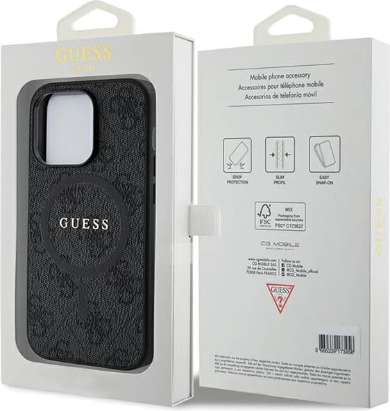 Mbështjellës Guess 4G Collection Leather Metal Logo MagSafe për iPhone 14 Pro, e zezë
