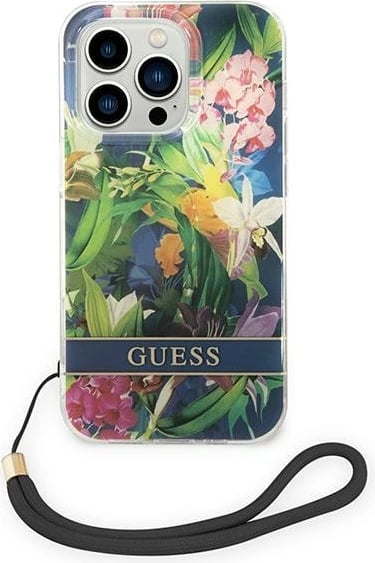 Mbështjellës Guess Flower Strap për iPhone 14 Pro Max 6.7", me varëse, Blu