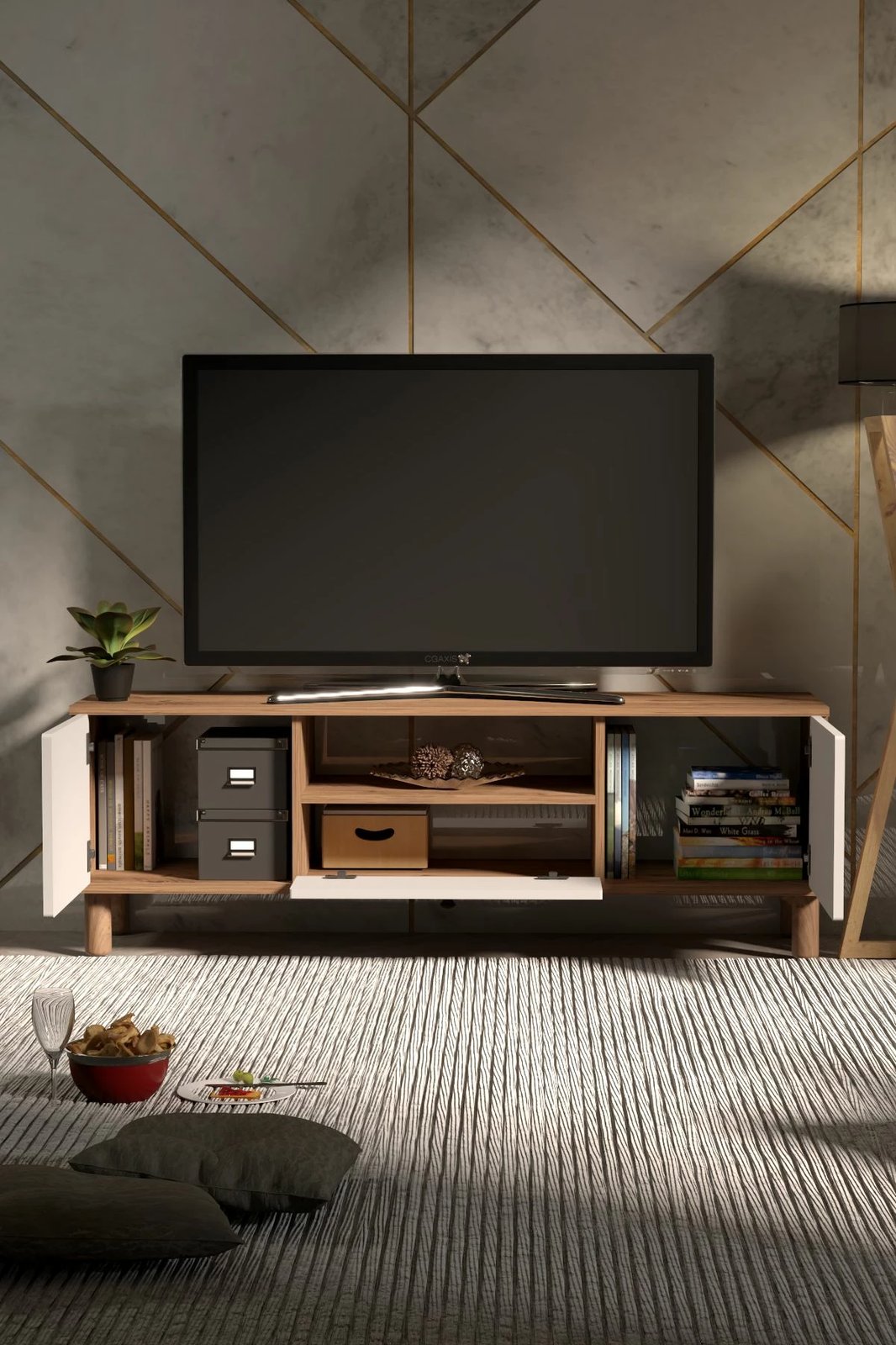 Komodë TV Skye Decor, Mavora 180, ngjyrë pishë Atlantike dhe e bardhë