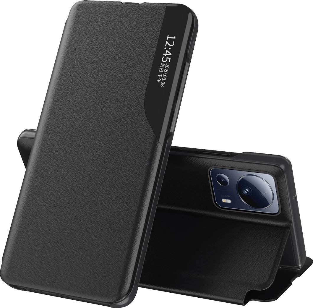 Mbështjellës Hurtel Eco Leather View Case për Xiaomi 13 Lite, me kapak dhe mbajtëse, e zezë