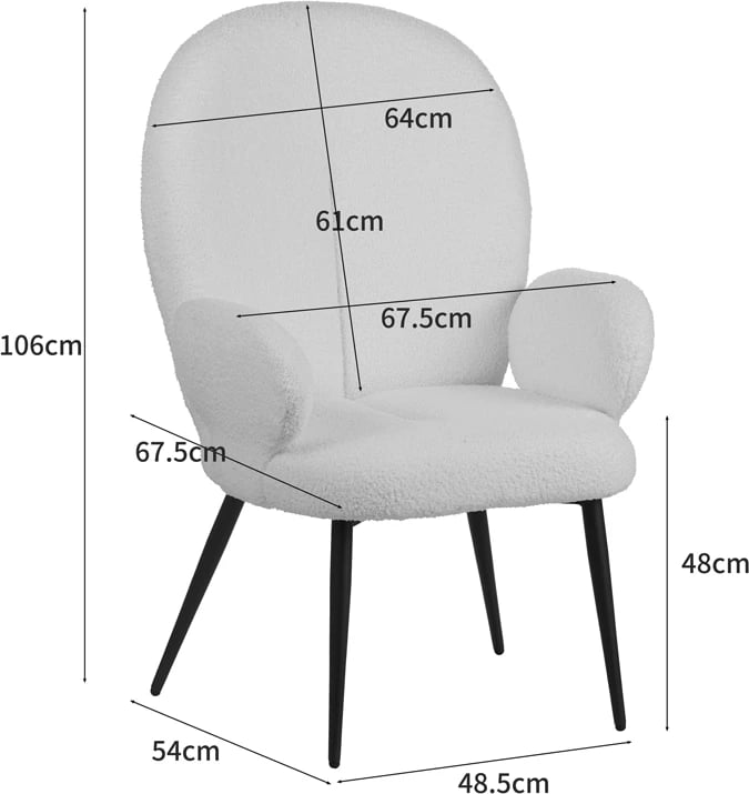 Karrige me këmbëngritës Qarar, stof boucle, ngjyrë bardhë, këmbë metalike të zeza, 67.5x67.5x106cm