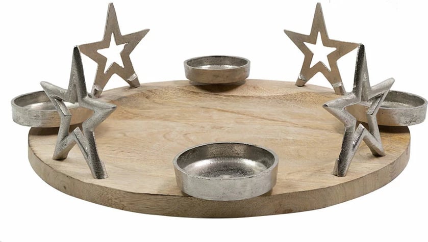 Mbajtës qirinjsh SACRO për festat e fundvitit, dru dhe alumin, argjend, 13x40x40 cm Mbajtës qirinjsh SACRO për festat e fundvitit, dru dhe alumin, argjend, 13x40x40 cm