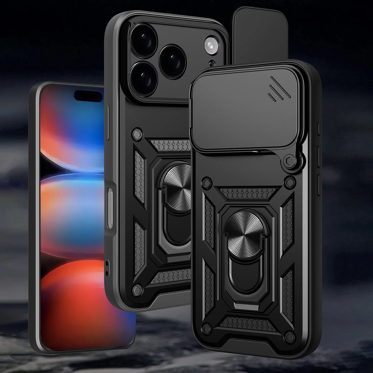 Mbështjellës Hurtel Hybrid Armor Camshield për iPhone 17 Pro Max, me mbajtëse dhe mbulesë kamere, i zi