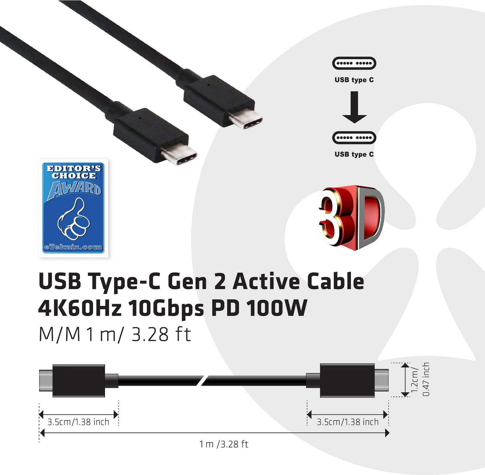 Kabllo USB Type-C Club3D 0.8m Power Delivery, e zezë