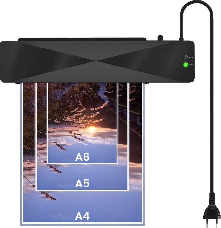 Laminator Savio LR-01/B A4, laminim i nxehtë dhe i ftohtë, 300 W, deri 125 mikron, set 20 fletë folie, zi