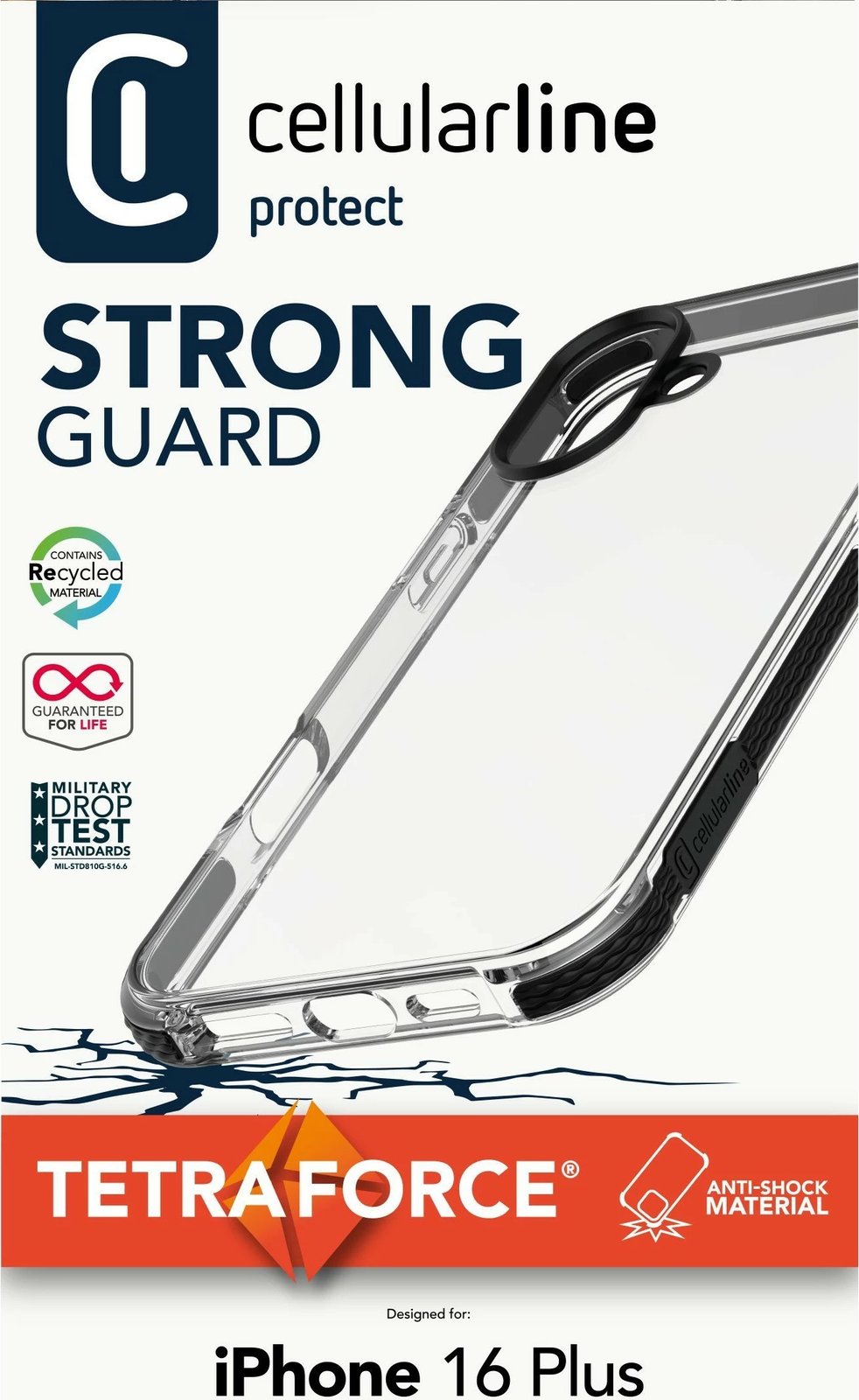Mbështjellës Cellular Line Strong Guard për iPhone 16 Plus, transparent, i zi