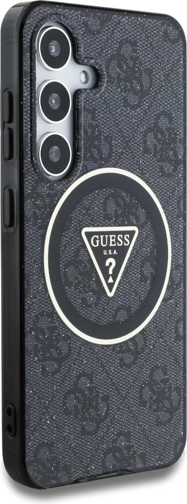 Mbështjellës Guess 4G Glitter Triangle Buttons MagSafe për Samsung Galaxy S25, i zi Mbështjellës Guess 4G Glitter Triangle Buttons MagSafe për Samsung Galaxy S25, i zi