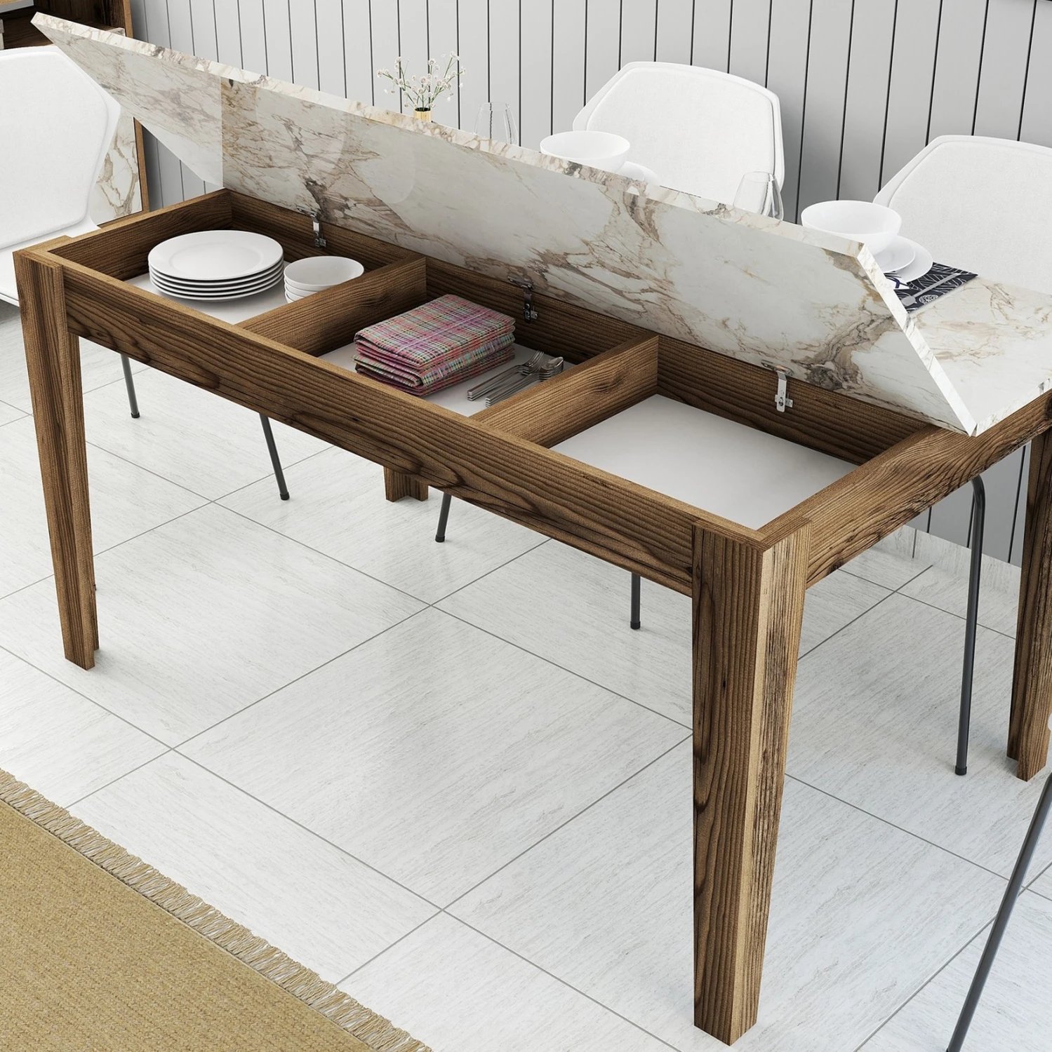 Tavolinë ngrënieje standarde, pamje mermeri të bardhë, me hapësirë ruajtjeje, FH9507.03, 145x88x75H cm