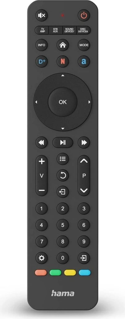 Pilot universal Hama 221055 për TV, 8 pajisje, butona Netflix/Prime Video, i zi