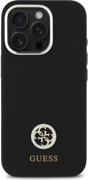 Mbështjellës Guess Silicone Logo Strass 4G për iPhone 16 Pro, i zi