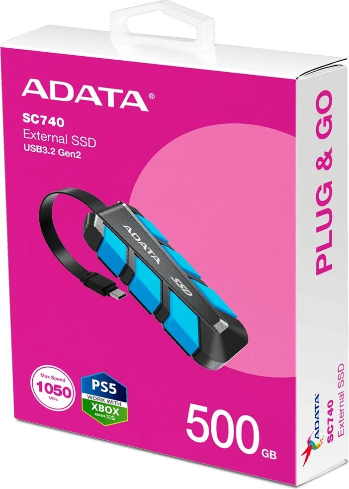 SSD portabël ADATA SC740, 500 GB, USB Type-C 3.2 Gen 2, zi/blu
