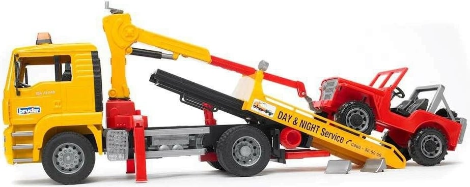 Kamion asistence rrugore BRUDER MAN TGA me Jeep, 1:16, plastikë, e verdhë/e kuqe, set lodrash