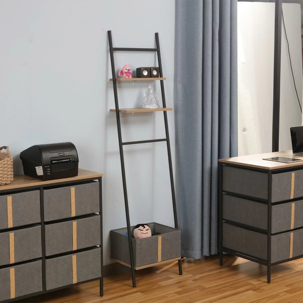 Raft organizues LANDMEGA me 2 shina, 3 rafte dhe shportë, H161.5x40x30cm, Ngjyrë e zezë me dru lisi