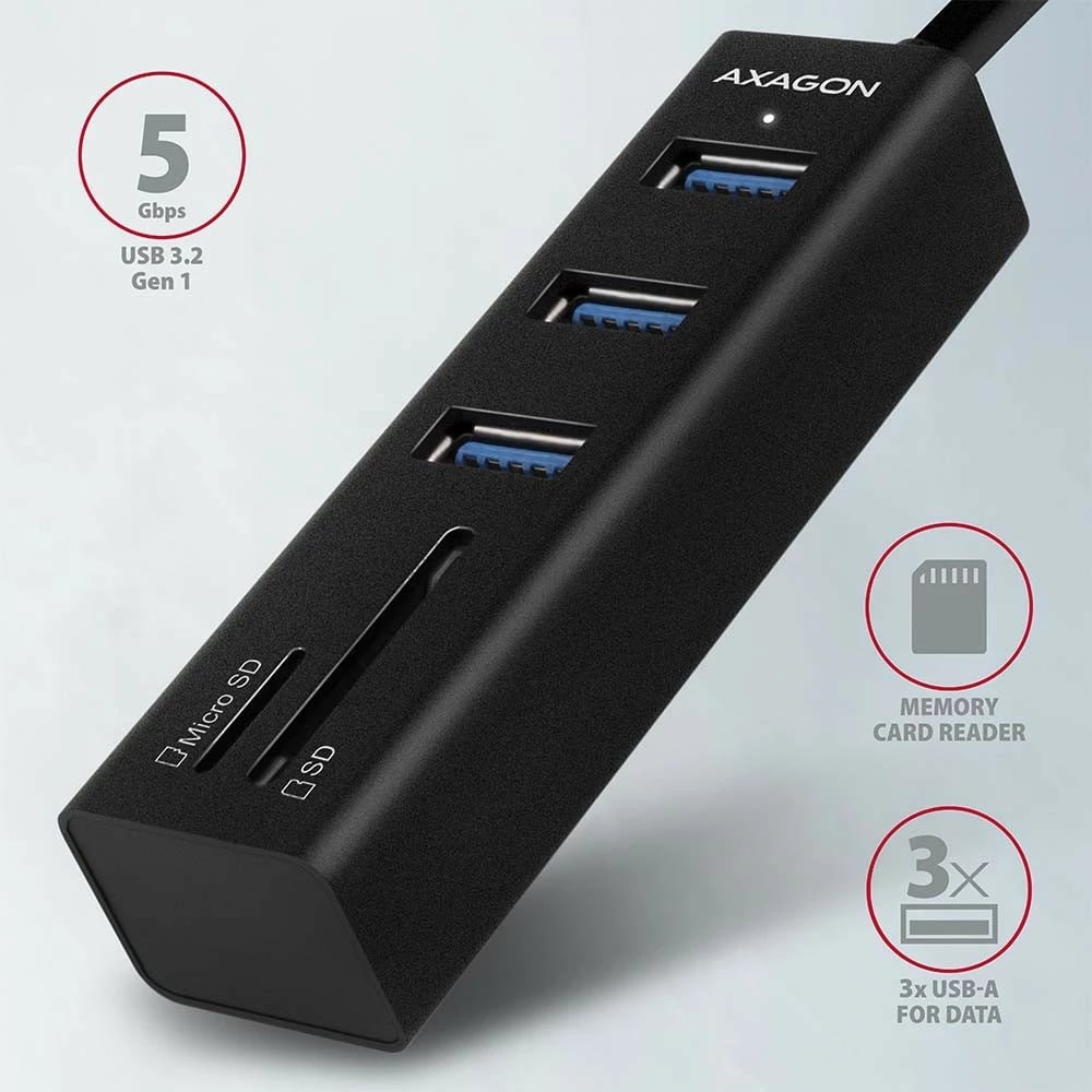 Hub multiport AXAGON HMA-CR3A, 3x USB-A, SD/microSD, USB 3.2 Gen 1, metal, 20cm, i zi