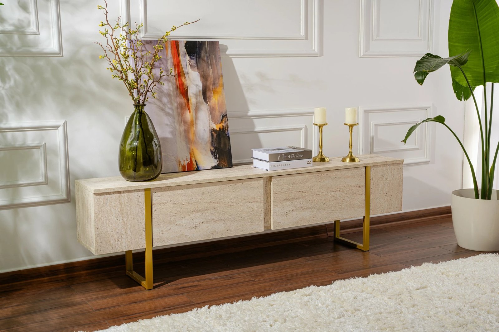 Komodë TV Nordure, ngjyrë travertin, ari