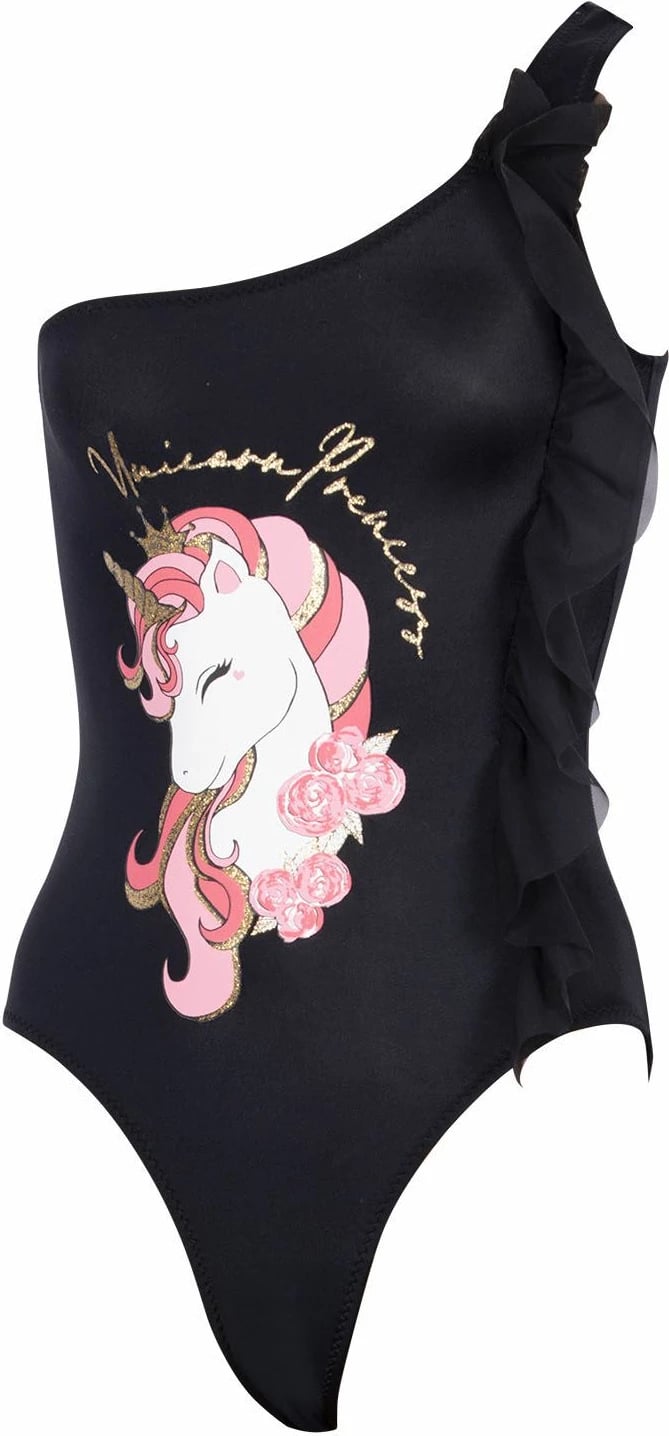 Rroba banje për vajza, Jumeon Diva, ngjyrë e zezë, një pjesë, me njëbrinjë, me dizajn 'Unicorn Princess'