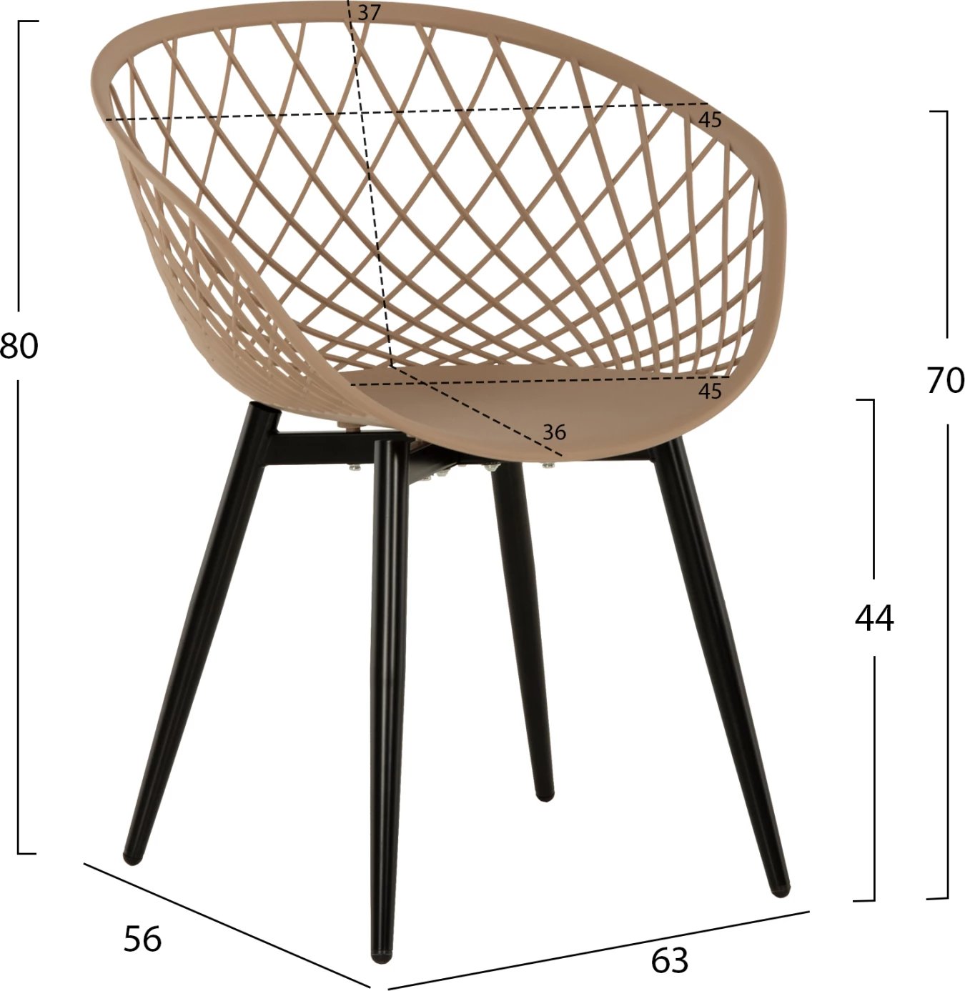 Karrige ARIADNE FH8001.23 polipropileni kapuçino-këmbë metalike të zeza 63x56x80H cm., set prej 4 copash