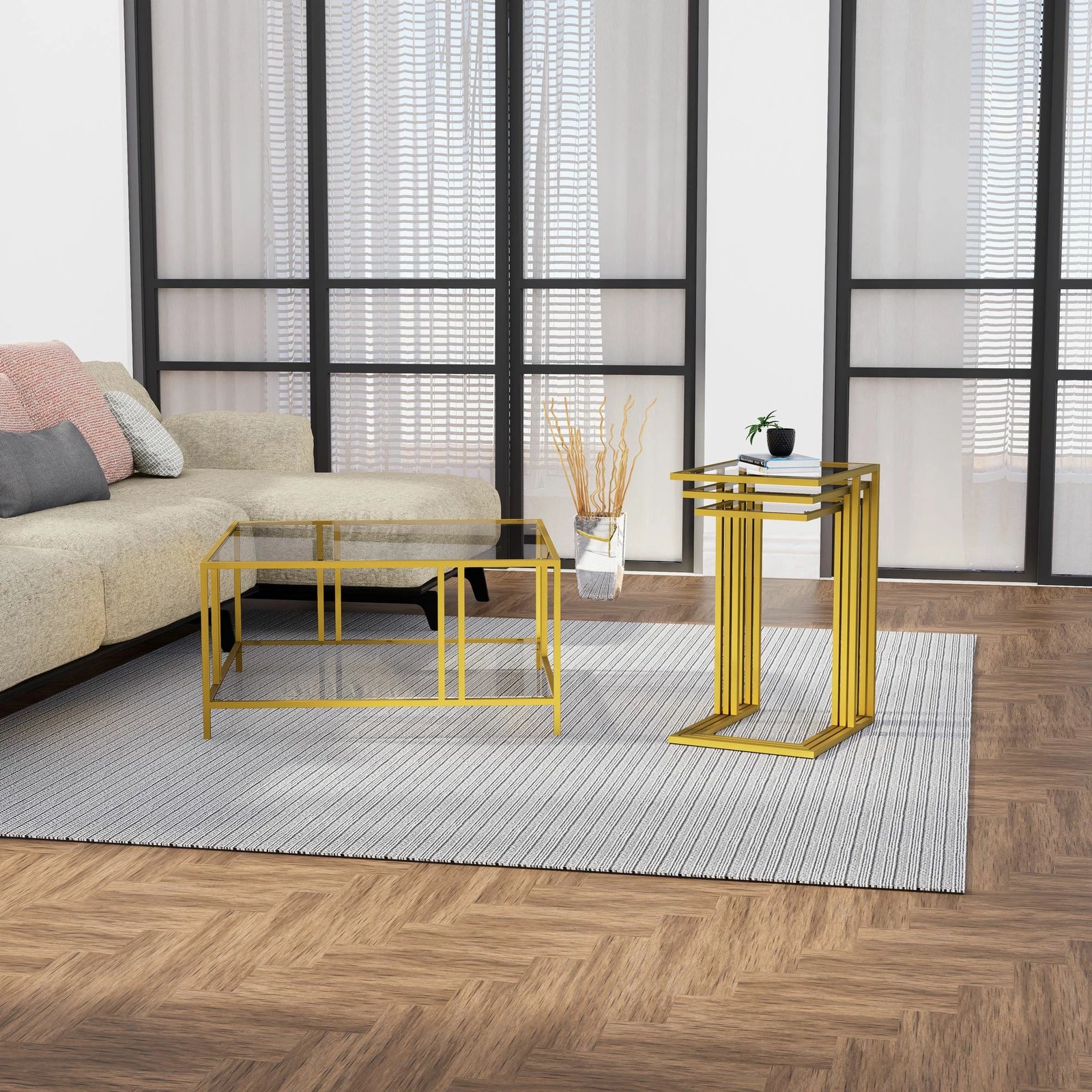 Set tavolinash të vendosshme (3 copë), Hanah Home, Ibiza C, ngjyrë ari, fume