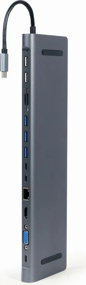 Kasë portesh Gembird A-CM-COMBO9-01, 9-në-1, USB-C, HDMI, VGA, LAN, SD, MicroSD, 3x USB 3.1, 2x USB 2.0, 2x USB-C, Gri