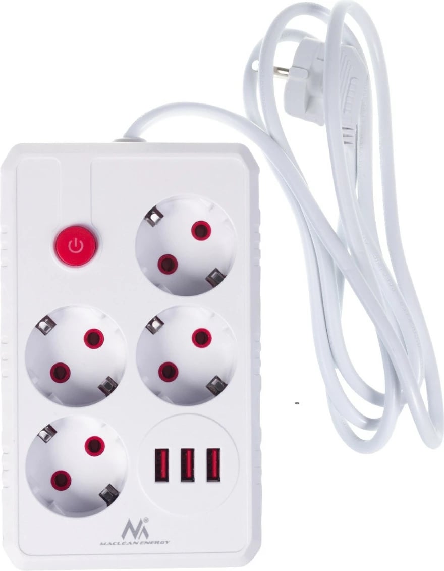 Zgjatues elektrik Maclean MCE392 W, 4 priza Schuko, 3x USB, 2500W, 110-240V, kabllo 1.5m, me çelës, e bardhë