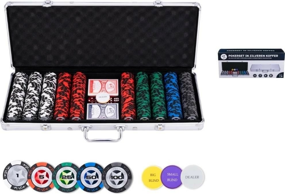 Set poker Engelhart 19599 me 500 žetona, 2 talia kartash, 5 zarë, valixhe alumini