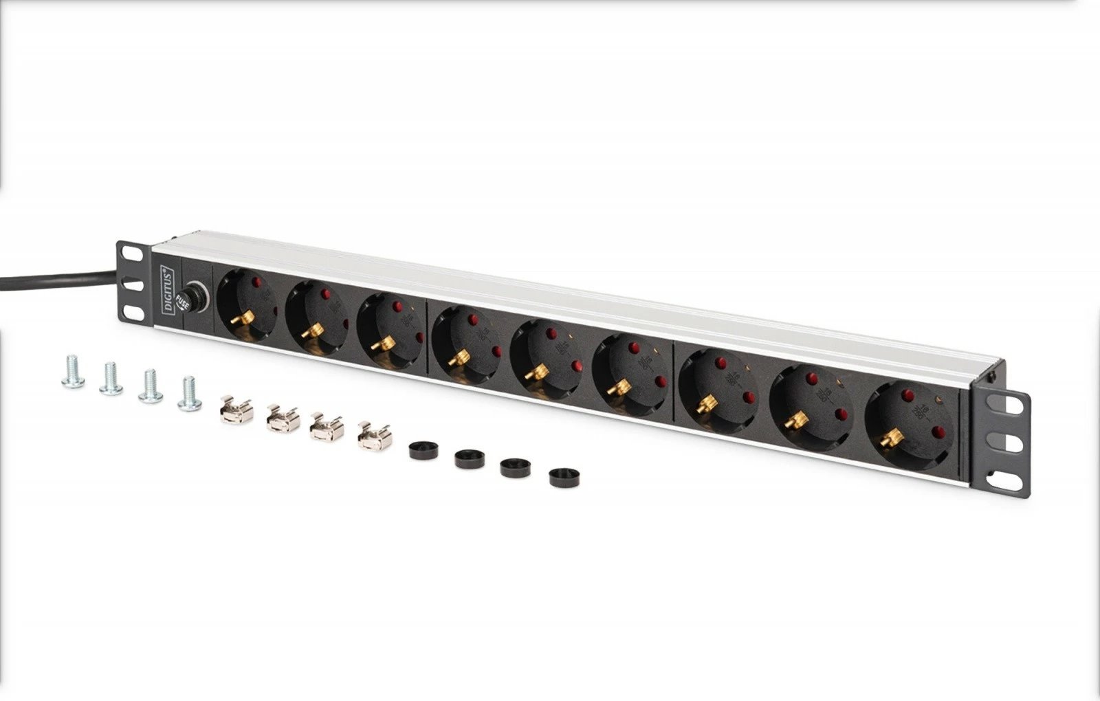 PDU shirit prizash Rack 19", Digitus, DN-95437, 9 dalje Schuko 45°, IEC C14, kabllo 2 m, 10A, 1U, alumin, zi/argjend