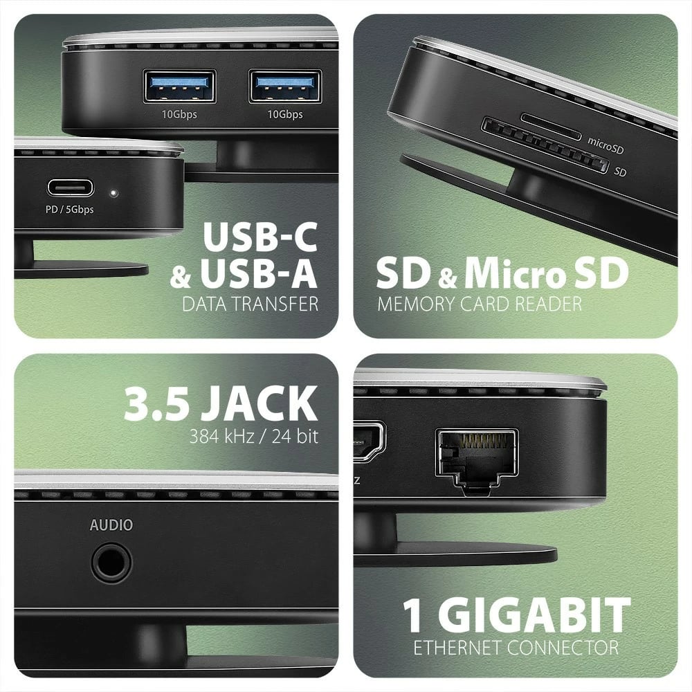 Hub multiport AXAGON HMC-UFO, 9-në-1, 10Gbps, 2x USB-A, HDMI 4K/60Hz, M.2 NVMe/SATA, audio, PD 100W, SD/microSD, GLAN, kabllo USB-C 65cm, zi/argjendtë
