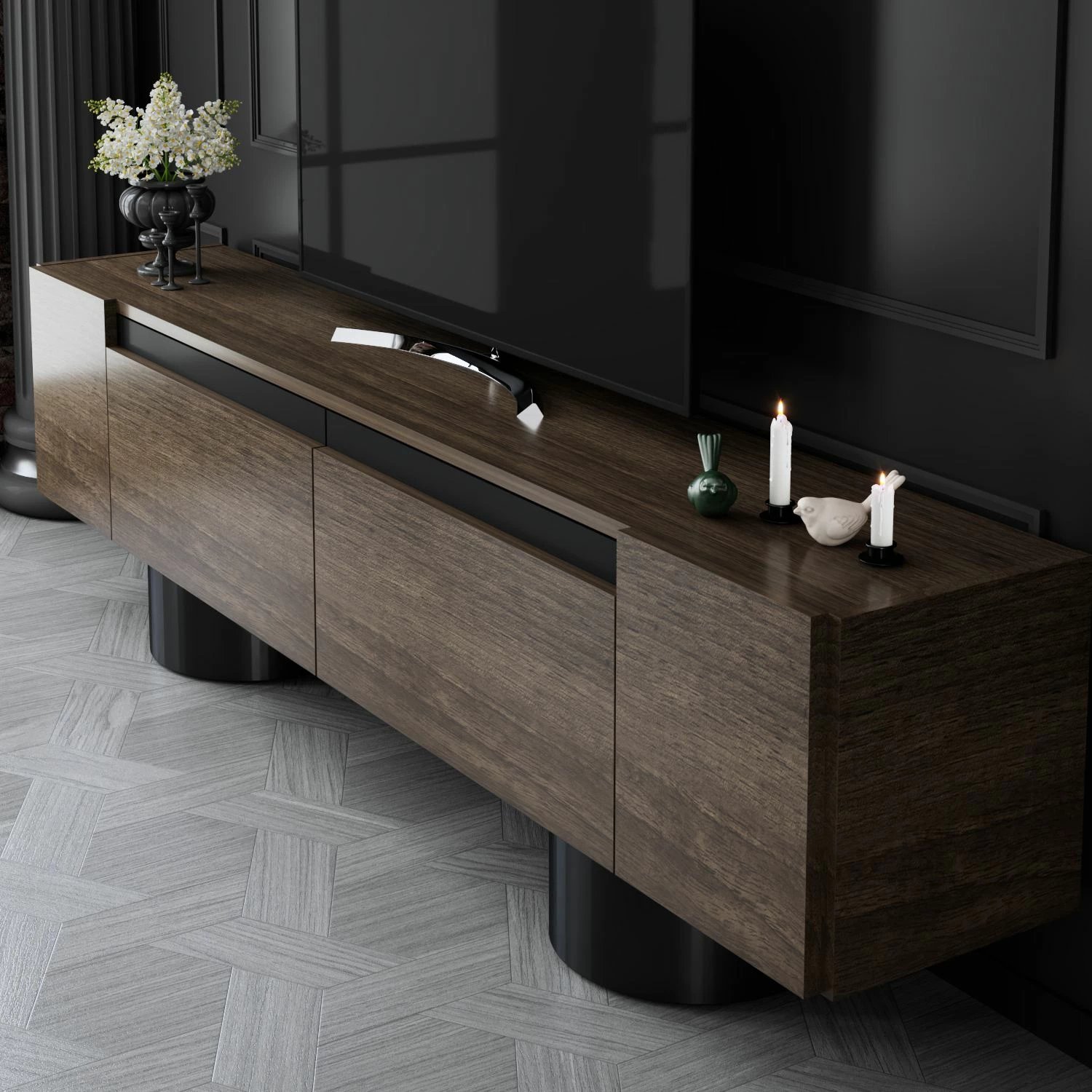 Komodë TV Skye Decor, bohem, ngjyrë arre dhe e zezë